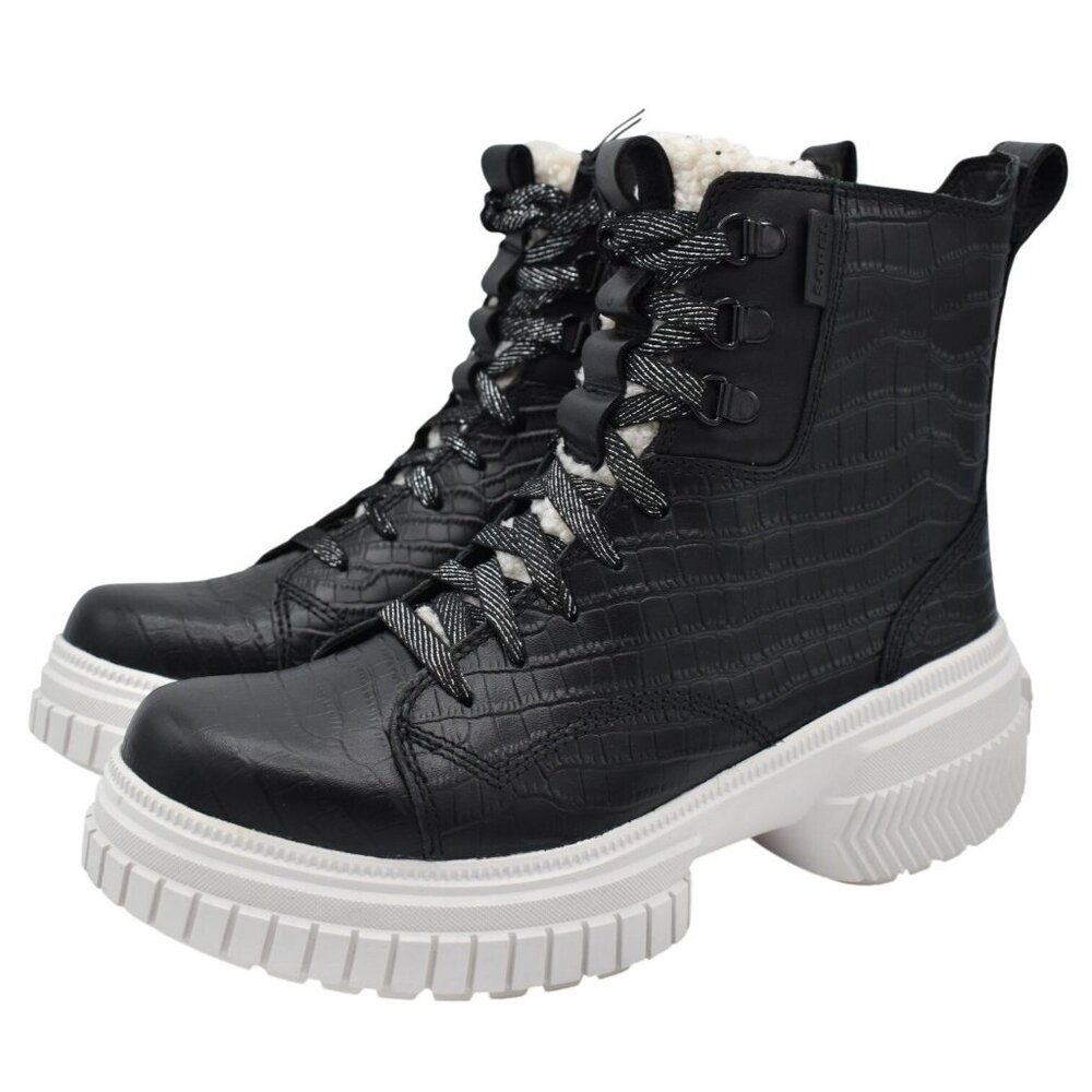 Sorel Women 8.5 ONA AVE Boot Lace Lux Black Leather Croc Embossed WP Boots